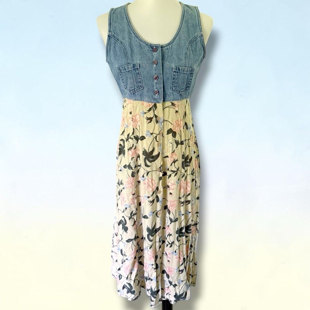 Women's Vtg Blue Denim Floral Button Front Cottagecore Country Dress M Medium